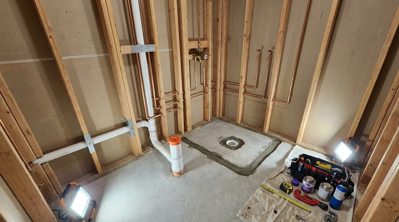 Bathroom rough-in plumbing during remodel by Johns Plumbing LLC in Yorkville
