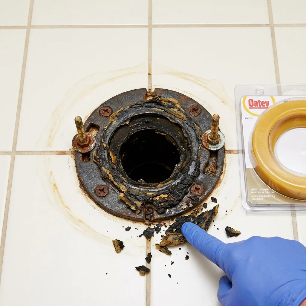 Failed wax ring showing water seepage at the base of a toilet in a Yorkville, IL home