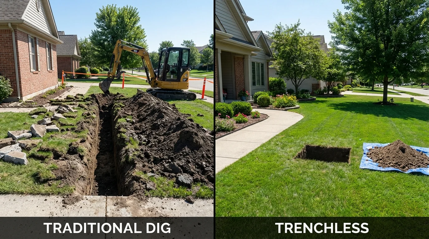 Trenchless sewer repair with minimal yard damage versus traditional excavation in Yorkville, IL