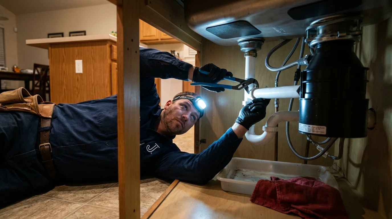 P-trap and supply line connections under a kitchen sink showing a common leak point in Yorkville, IL